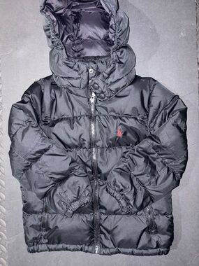 Ralph Lauren Black Hooded Puffer Jacket with Red Pony Embroidery